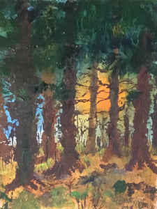 sunset in the forest done with a palette knife.