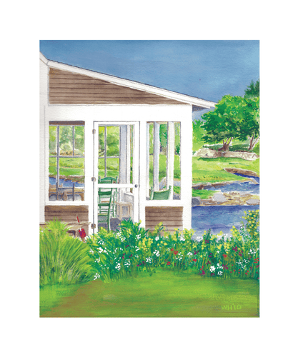 A porch on Paddy Creek in Maine viewing the marsh waterways.