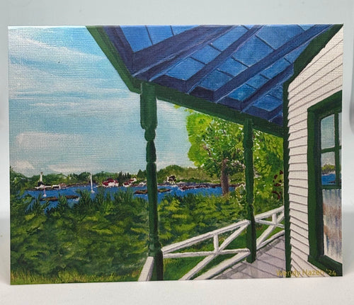 linen card with a white and green porch looking out over the harbor