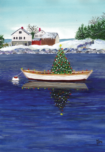 A rowboat with a lite Christmas tree sitting in the back cove with the farmhouse and barns on the peninsula surrounded by water, stone walls and pine trees.