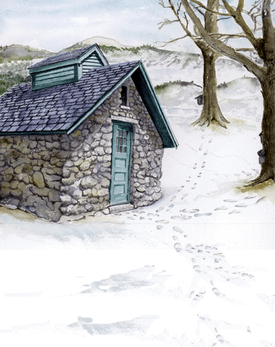 Maple syrup 'cooking' stone cottage with maple trees nearby   Sap buckets on the trees and foot prints in the snow.