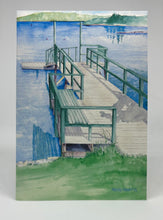 Load image into Gallery viewer, A green and gray Dock jutting out from the land into the back cove at high tide.  Just waiting for the boats to return on a beautiful day in Maine