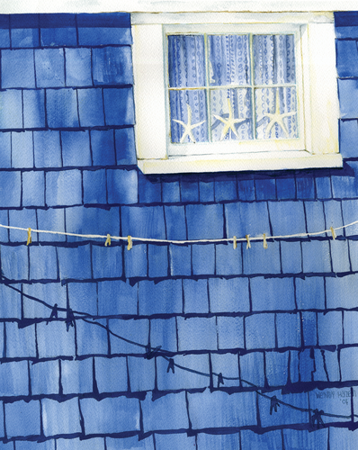 Blue shakes with a white window and 3 starfish in the window with lace curtain.